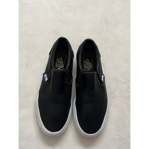 Vans Classic Slip-On Perforated Black Leather Sneakers Mens 5.5 Womens 7.0